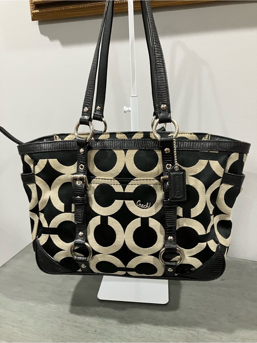 Coach Gallery Optic Signature Shoulder Bag in Black & Cream
